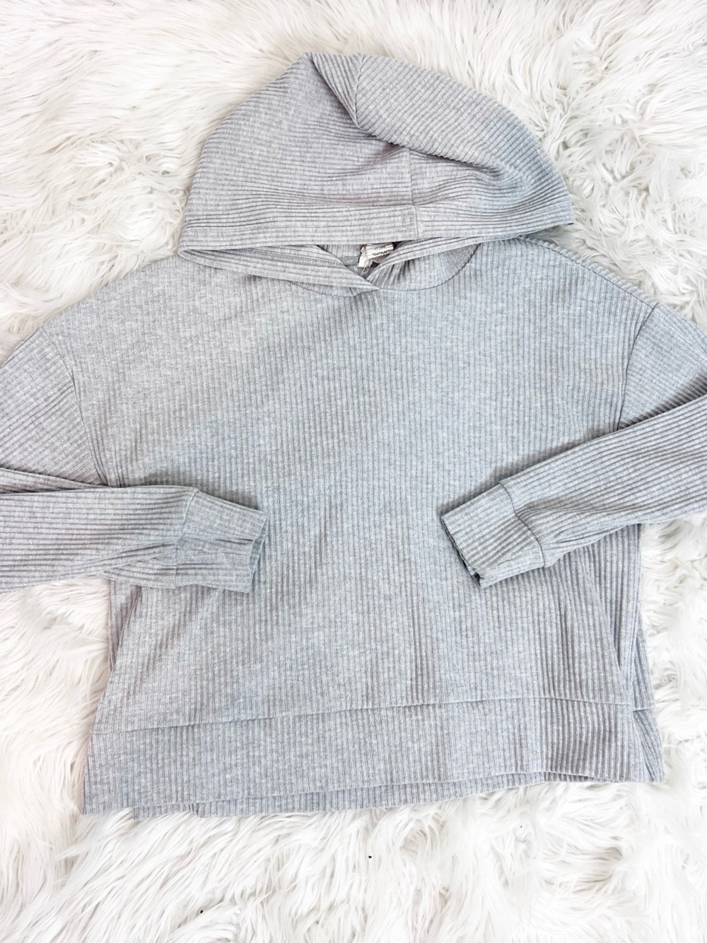 FOR THE REPUBLIC GRAY RIBBED LONG SLEEVE HOODIE PULLOVER SWEATSHIRT WOMENS SMALL